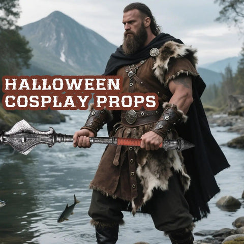 Man holding a 33.4 Inch Foam Meteor Hammer Prop For Cosplay And Halloween, silver finish, knight mace weapon with fur-clad costume.