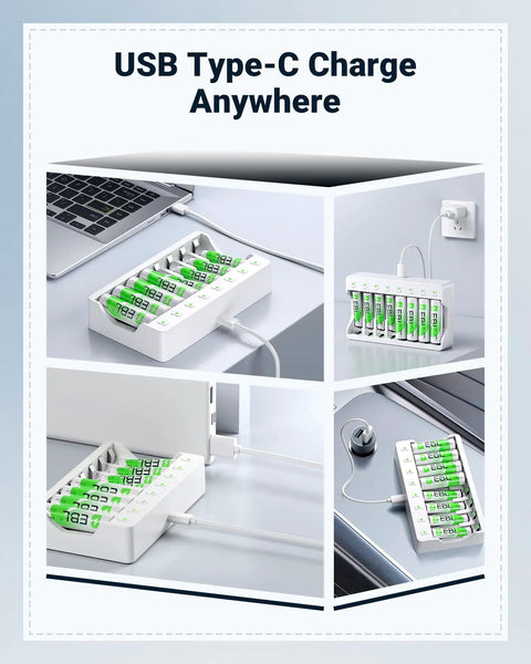 Beast 8 Bay Battery Charger for NiMH NiCD AA and AAA Batteries with USB C fast charging, showing independent slots and smart charge