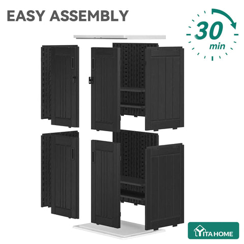 Exploded view of DIY Ready Outdoor Tall Storage Cabinet With Four Shelves Waterproof Resin Shed For Patio And Garden Lockable 30 Cu Ft Capacity All Weather Tool Organizer For Yard In Dark Gray showing assembly steps and parts layout.