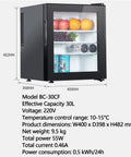 30 Liters Upright Freezer With Door Lock Compact Single Door Design Energy Efficient Chill Zone Clutch with fruit and drinks inside.