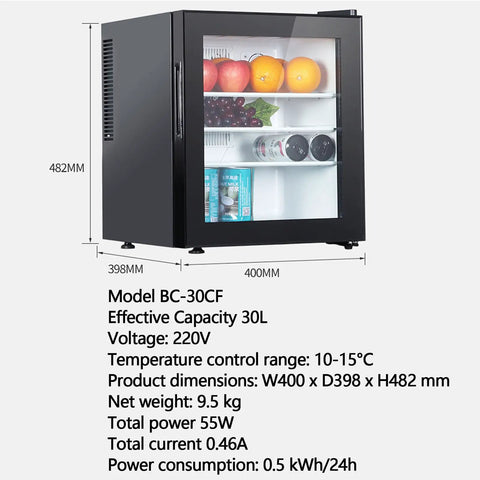 30 Liters Upright Freezer With Door Lock Compact Single Door Design Energy Efficient Chill Zone Clutch with fruit and drinks inside.