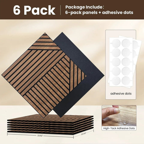 Top Shelf Acoustic Wall Panels Six Pack 24X24 Inch High Density Polyester Sound Dampening Boards with adhesive dots for easy install.