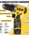 12V cordless electric screwdriver with features labeled, part of a 166 Piece General Home Repair Tool Set With Cordless 12V Drill Battery And Charger In Portable Tool Box For DIY Projects At Home Garden Office And Apartment.