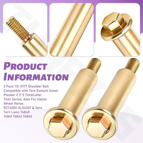 Close-up of 2 Pack Shoulder Bolt 112-3977 Replacement For Exmark Quest Pioneer E Series TimeCutter Titan And Hayter models.