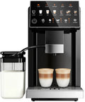 Smooth Morning Shots With This Fully Automatic Espresso Machine Featuring Built In Grinder Milk Frother Touch Screen Display Auto Self Clean 15 Settings 20 Bar Pressure Brews Daily Grinds with two coffee cups and milk container.