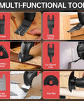 Heavy Duty Brushless Motor Cordless Oscillating Multi Tool Compatible With 18V Batteries shown with accessories for cutting, sanding, and scraping.