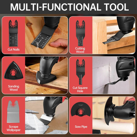 Heavy Duty Brushless Motor Cordless Oscillating Multi Tool Compatible With 18V Batteries shown with accessories for cutting, sanding, and scraping.