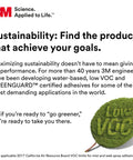 3M sustainability message highlighting low VOC certified adhesives for eco-friendly projects. Leaf graphic included.