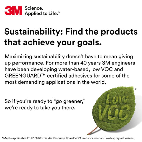 3M sustainability message highlighting low VOC certified adhesives for eco-friendly projects. Leaf graphic included.