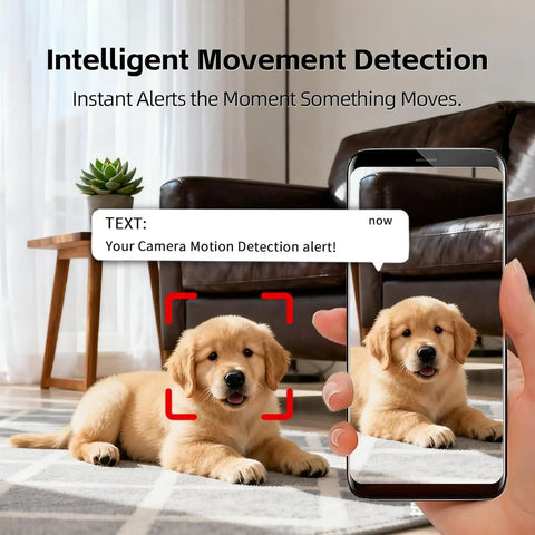 Smartphone showing motion detection alert from 4K Security Camera With 4G SIM Card No WiFi Needed Portable Nanny Cam Style Wireless Hidden Design.
