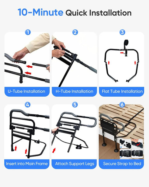 Installation steps for foldable bedside rail for seniors, showing U-Tube and H-Tube assembly and securing strap to bed.