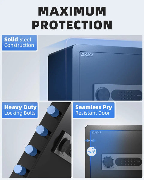 Home Safe Box 2.0 Cu Ft With Fireproof Waterproof Bag Digital Electronic Keypad Dual Alarm System And Removable Shelf Pry-Resistant Door With Four Live Locking Bolts For Money Cash Valuables showcasing solid steel construction and locking bolts.