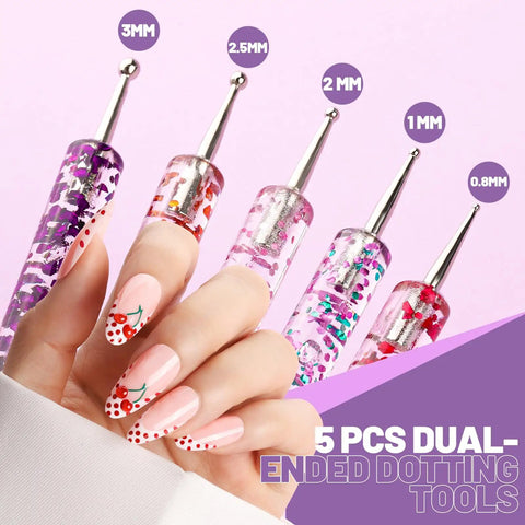 Close-up of 5 dual-ended dotting tools from All-In-One Nail Art Tools Kit With 23 Pcs Brushes 5 Dotting Tools 2 Magnetic Nail Stands.