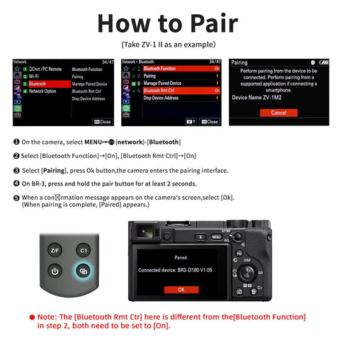 How to pair Vlogging Hand Grip Tripod With OLED Rechargeable Wireless Cam Remote for ZV-1 with camera settings display.
