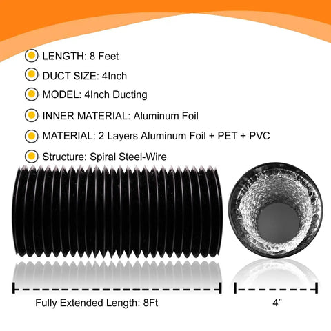 4 Inch Flexible Dryer Vent Hose With Four Layer Protection 8 Ft Long Heavy Duty Duct Built Tough For Max Airflow Leak Resistant Aluminum Foil PVC PET Film Ideal For Home Drying Heating And Ventilation Includes Two Clamps, showing coiled duct and open end.