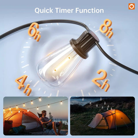 Image showcasing 35Ft Solar String Lights Outdoor With Remote And USB Port IP54 Waterproof 11 LED Shatterproof Bulbs with timer options