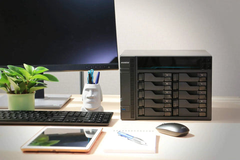 Powerhouse 10 Bay Network Attached Storage with 2.1GHz Quad Core displayed on a modern desk setup