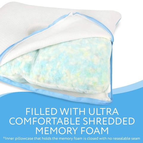 Firm Memory Foam Pillow With Ear Hole For Side Sleepers, 14 By 19 Inches, White, showing shredded memory foam filling