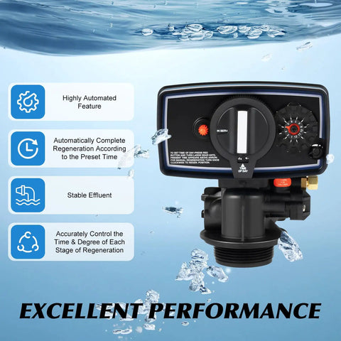 Front view of 110V 12 Day Time Clock Control Valve With 3W Timer Backwash Head For Home Water Softener System Replacement 5600 Valve