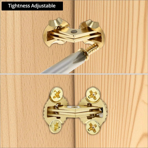 Hidden 8mm Brass Barrel Hinges Set, 8 Pack, adjustable 180-degree concealed polished brass hinges on wooden surface