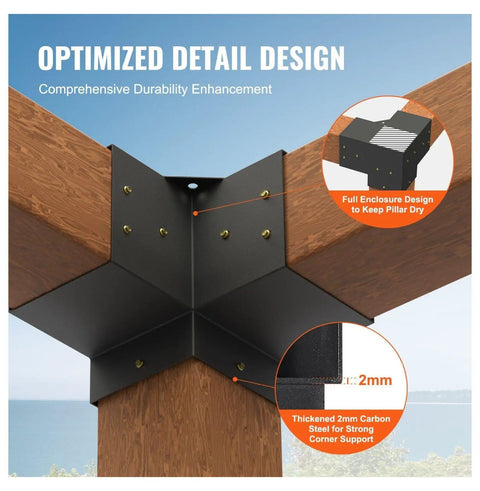 Heavy Duty Pergola Bracket Kit 6x6 Four Corner Brackets and 3 Way Post Base Rust Resistant Carbon Steel Black Powder Coat
