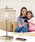 Crystal Touch Table Lamp With USB C And USB A Ports Dimmable Bedside Nightstand Light Gold Finish Crystal Shade Tap Control Bulb