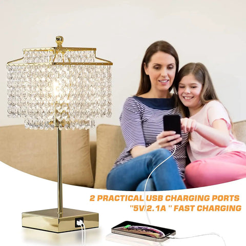 Crystal Touch Table Lamp With USB C And USB A Ports Dimmable Bedside Nightstand Light Gold Finish Crystal Shade Tap Control Bulb