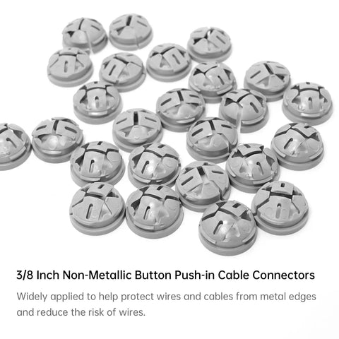 Thirty Five Pack Non Metallic Push In Cable Connectors For Three Eighths Through Half Inch Electrical Conduit Work Gray Plastic Bulk Wire Fittings For Knockouts. Close-up of 3/8 inch gray nylon cable connectors.