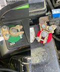 Beefy Brass Battery Terminals Top Post Connectors Clamps Set installed on car batteries for reliable ground wiring and connection