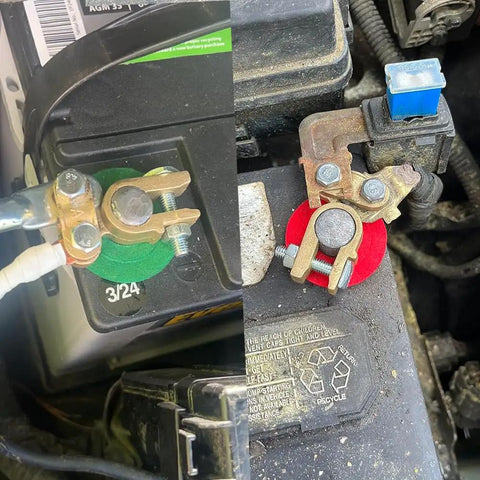 Beefy Brass Battery Terminals Top Post Connectors Clamps Set installed on car batteries for reliable ground wiring and connection