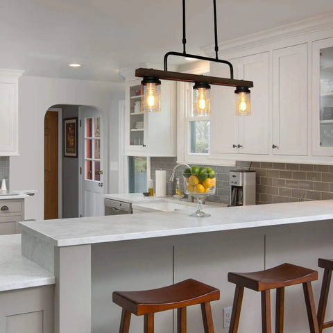 Modern kitchen with Seeded Glass Lamp Shade Three Pack Clear Cylinder Replacement Globes For Pendant Lights above island