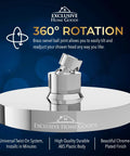 Deluxe Chrome Rainfall Shower Head With 6 Inch Diameter shown with 360° rotating brass swivel ball joint for flexible adjustment.