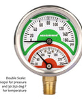 Tridicator Thermo Manometer With Silicone Oil Fill, Two And A Half Inch Dial, 0 To 160 Psi And 30 To 250 Degrees Fahrenheit