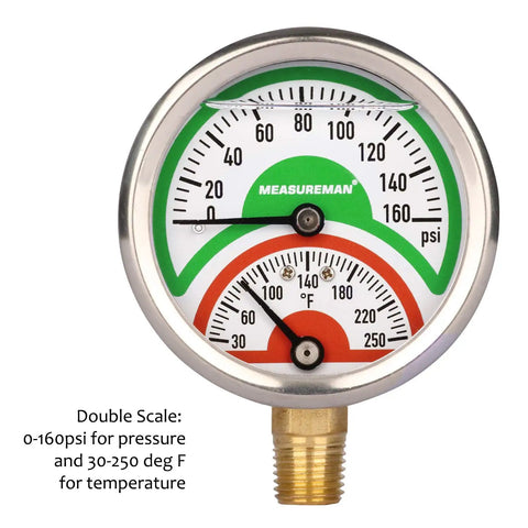 Tridicator Thermo Manometer With Silicone Oil Fill, Two And A Half Inch Dial, 0 To 160 Psi And 30 To 250 Degrees Fahrenheit