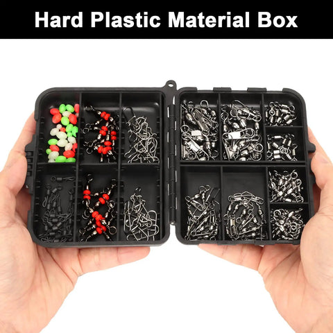 160 Piece Fishing Swivel Snaps Kit with Barrel Snaps, Ball Bearing Swivels, Clips and Glow Beads for Saltwater and Freshwater Tackle, Go To Rig Making Set for Serious Anglers, open hard plastic box