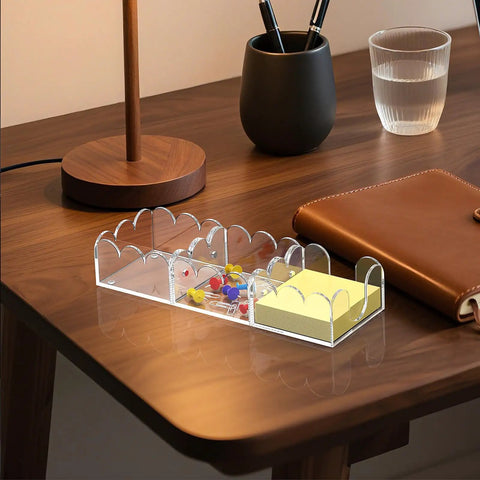 Magnetic 3in1 Acrylic Sticky Note Holder Dispenser Dope Desktop Organizer for 3x3 Post It Notes on a wooden desk.