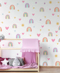 Rainbow Wall Decor Stickers Set With Hearts Stars Suns Watercolor Elements For Nursery Baby Bedroom Girls And Boys Luminous Blue 82 Pieces On Four Sheets Easy To Apply on nursery wall with bed and cushions