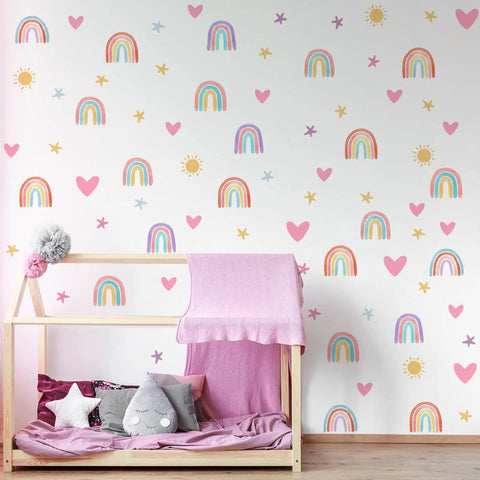 Rainbow Wall Decor Stickers Set With Hearts Stars Suns Watercolor Elements For Nursery Baby Bedroom Girls And Boys Luminous Blue 82 Pieces On Four Sheets Easy To Apply on nursery wall with bed and cushions