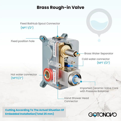 Brass rough-in valve showing connectors and ceramic valve core for Wall Mounted Tub Filler With Handheld Shower Sprayer.