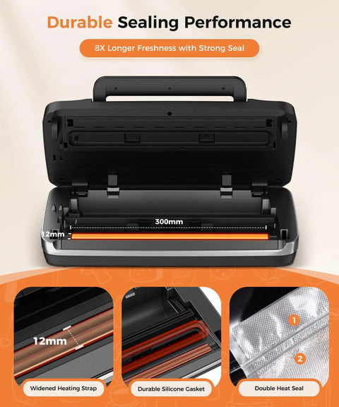 Open view of Powerful Vacuum Sealer Machine For Home And Pro Kitchens 95kPa Seal Power 10-In-1 System with detailed components.