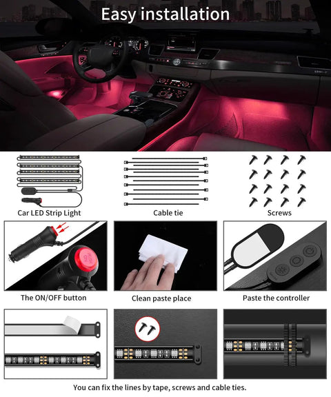 Interior Car LED Lights Kit With App Control, RGB Mood Lighting For Cars, DIY Color Studio And Music Sync Mode, installation guide
