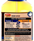 High Mileage Engine Repair Kit Pack Of 4 That Restores Performance Boosts Compression And Horsepower Cuts Oil Consumption And Engine Noise For Older Cars And Trucks visible on bottle label back view