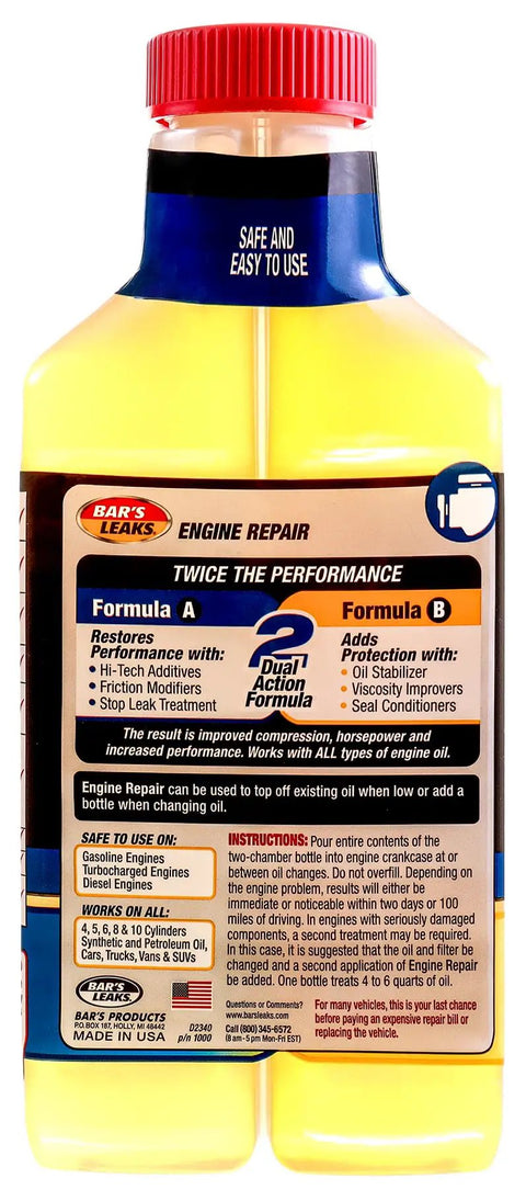 High Mileage Engine Repair Kit Pack Of 4 That Restores Performance Boosts Compression And Horsepower Cuts Oil Consumption And Engine Noise For Older Cars And Trucks visible on bottle label back view