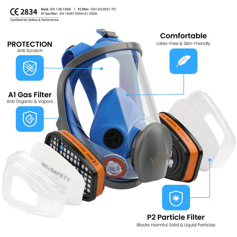 Full Face Reusable Respirator Mask With A1 Organic Vapor Filters And P2 Dust Filters for painting, woodworking, and construction.