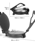 FineMade 10 Inch Electric Roti Maker Machine With Precision Temp Control Detachable Handle side and top view sizes