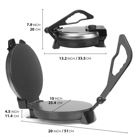 FineMade 10 Inch Electric Roti Maker Machine With Precision Temp Control Detachable Handle side and top view sizes
