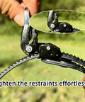 Close-up of Heavy Duty Reusable Ratchet Cable Ties Set 12 and 20 Inch with stainless steel buckle in outdoor setting.