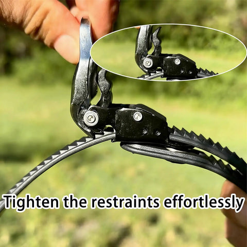 Close-up of Heavy Duty Reusable Ratchet Cable Ties Set 12 and 20 Inch with stainless steel buckle in outdoor setting.
