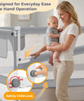Mother holding baby near Three Side Queen Size Bed Rail For Toddlers With Headboard Rod No Drill Baby Guard Adjustable Side Rails For Kids Child Lock Safety Straps 30 Level Height Gap Free Anti Fall Protector