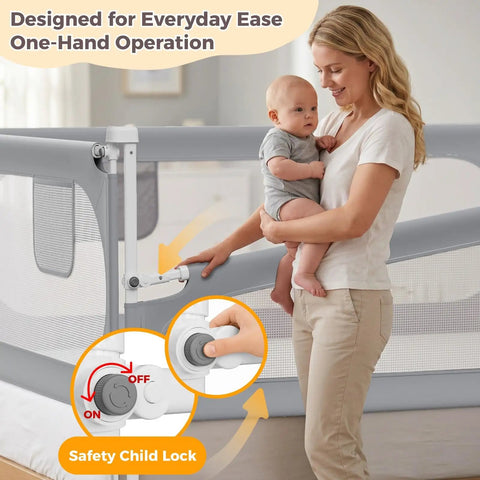 Mother holding baby near Three Side Queen Size Bed Rail For Toddlers With Headboard Rod No Drill Baby Guard Adjustable Side Rails For Kids Child Lock Safety Straps 30 Level Height Gap Free Anti Fall Protector